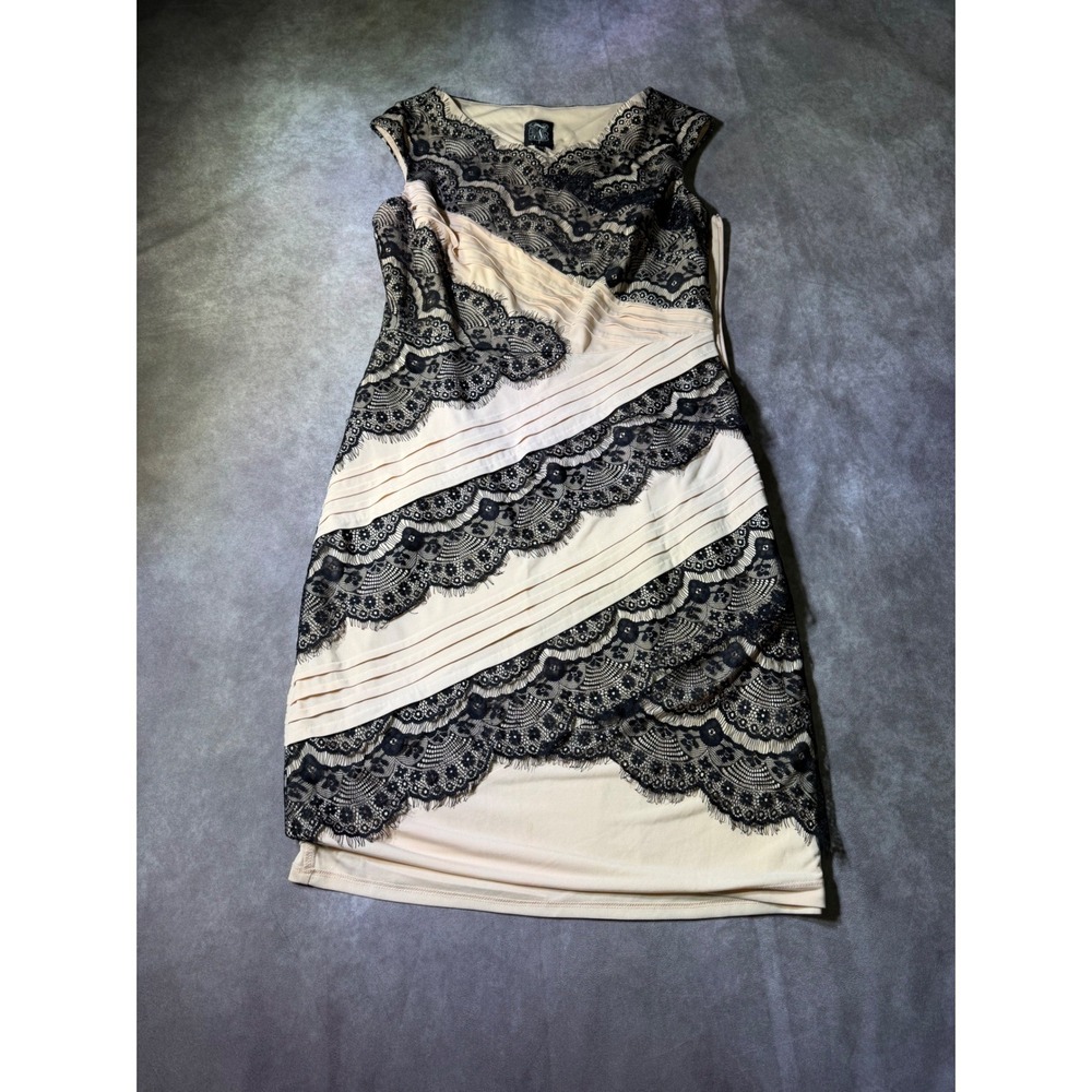 Jax Womens Nude Black Lace Pleated Tiered Sheath Cocktail Dress Size 12